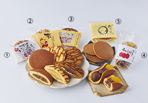 (1) Dorayaki “Oishiina” (2) Torayaki “Yume” (3) Kokuto Torayaki “Warauto Makeyo Appuppu” (4) Oridora “Wa” (5) “Shin-Do-no-Dorayaki”