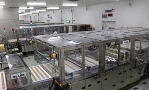 Machines in production. Six lines are next to each other in a huge factory.