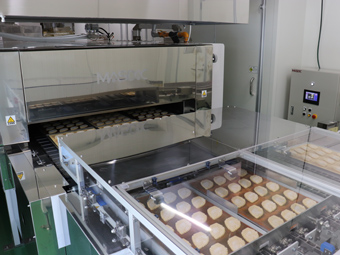 View of oven entrance. Three baking trays are lined up and automatically fed into the oven.